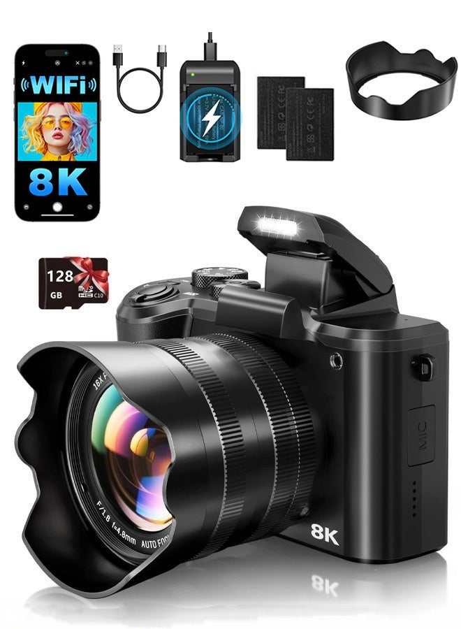 ماكرايستورم كاميرات رقمية بدقة 8K للتصوير الفوتوغرافي - كاميرا فيديو بتقنية واي فاي بدقة 88 ميجابكسل مع ضبط تلقائي للصورة لـ Tiktok مع عدسة مزدوجة - كاميرا فيديو بتقنية التدوين بتقريب رقمي 16X مع غطاء عدسة، بطاقة TF سعة 128 جيجابايت - Image 1